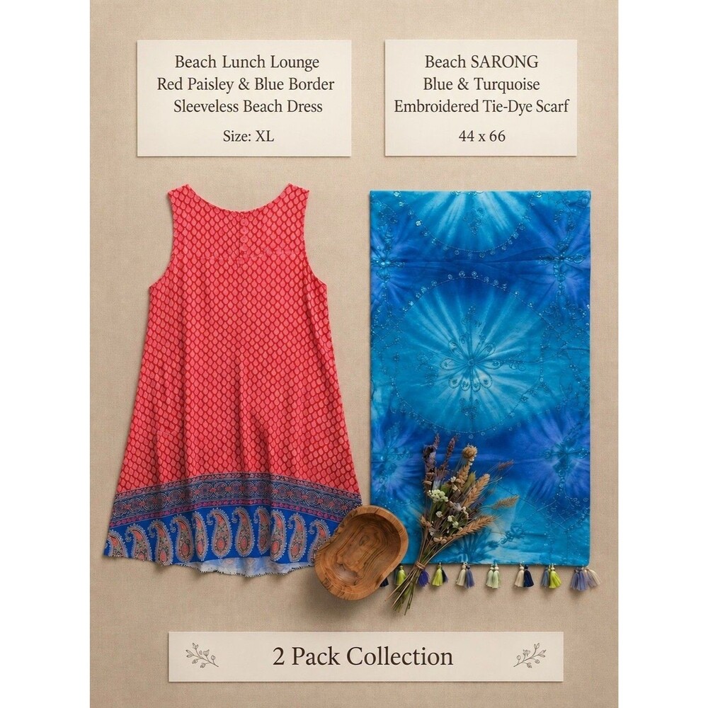 Beach Lunch Lounge Dress XL & Embroidered Tie Dye Sarong Scarf 2 Pack Lot Cruise